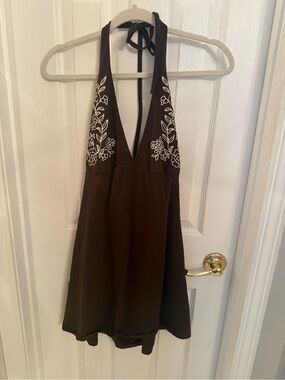 wild fable Brown Halter Backless Dress with White Floral Embroidery
